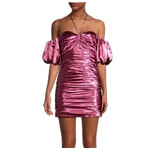 Cinq a Sept Tati Pink Sapphire Puff Sleeve Ruched Satin Mini Dress Size 00